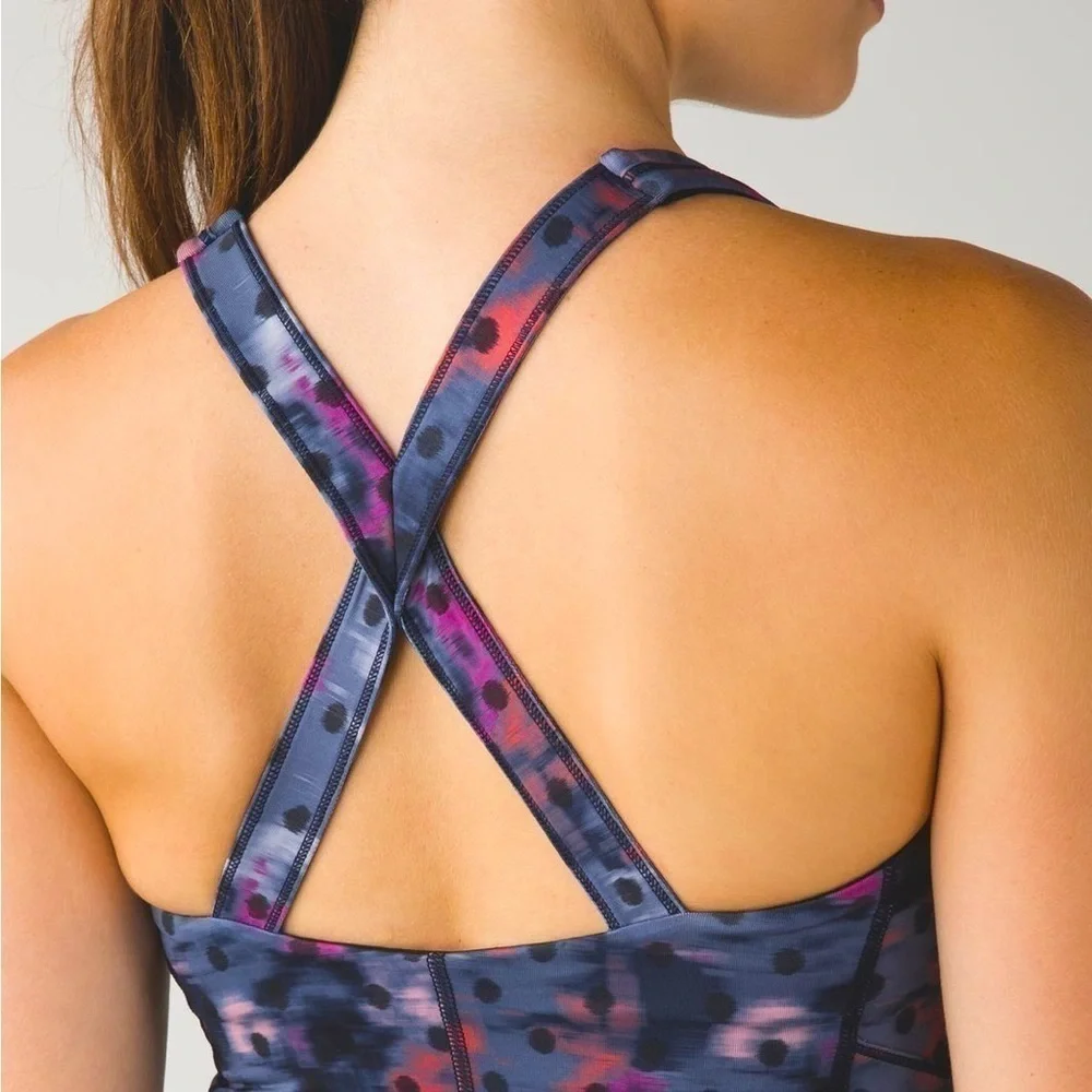 Lululemon Kanto Catch Me Tank Top pink purple polka dot cross back